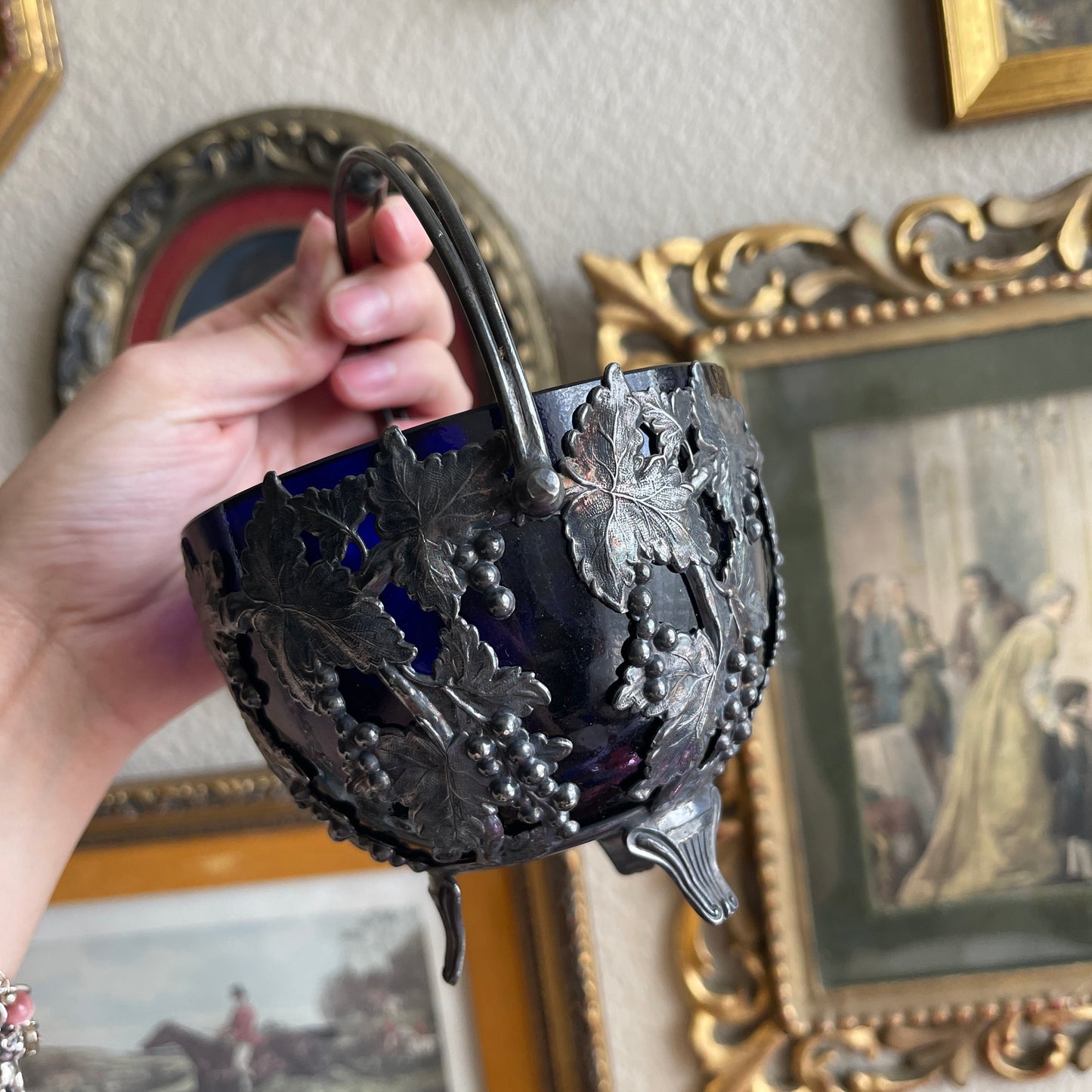 Vintage 1920's Silver Plated Bowl Basket with Cobalt Blue Glass Insert