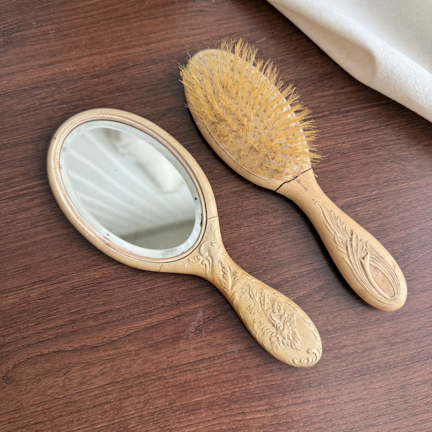 Vintage victorian Celluloid hand mirror and brush set