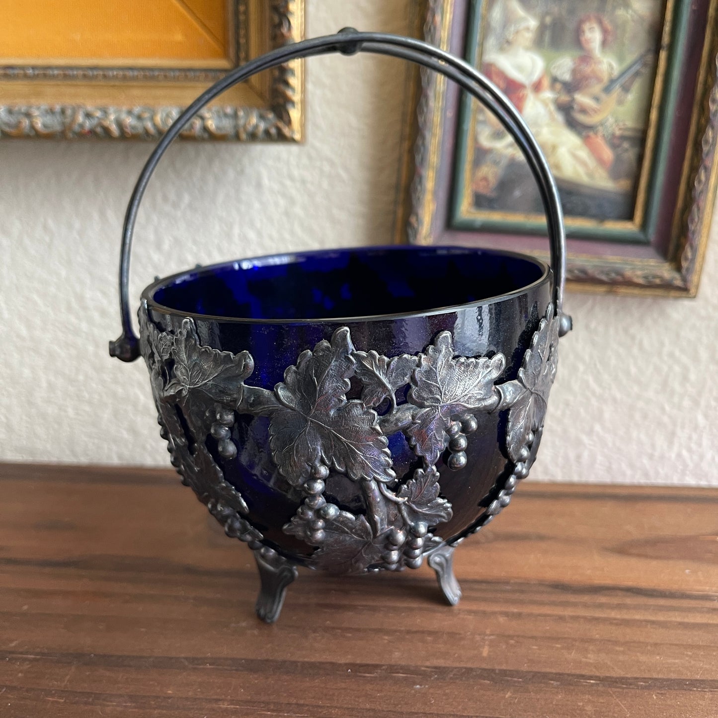 Vintage 1920's Silver Plated Bowl Basket with Cobalt Blue Glass Insert