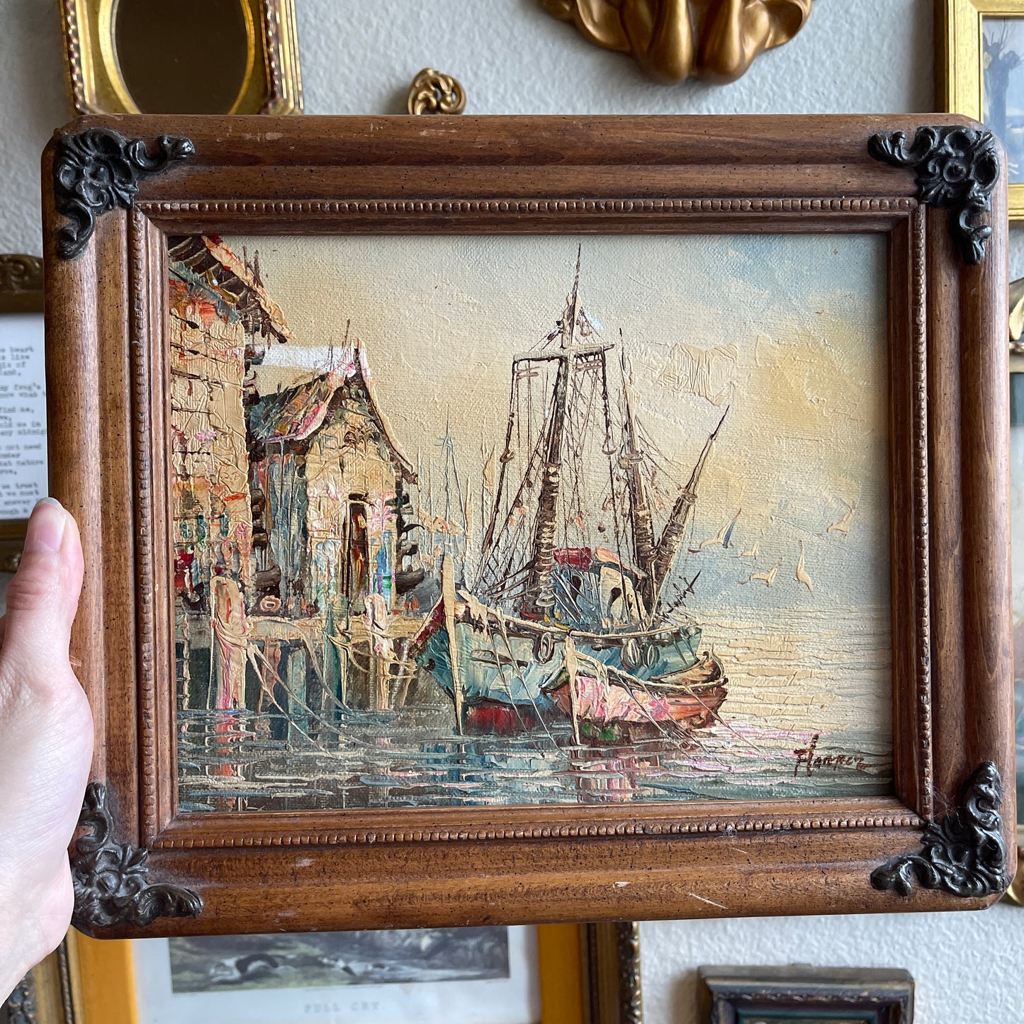 Vintage painting sailboat scenery canvas painting wood frame