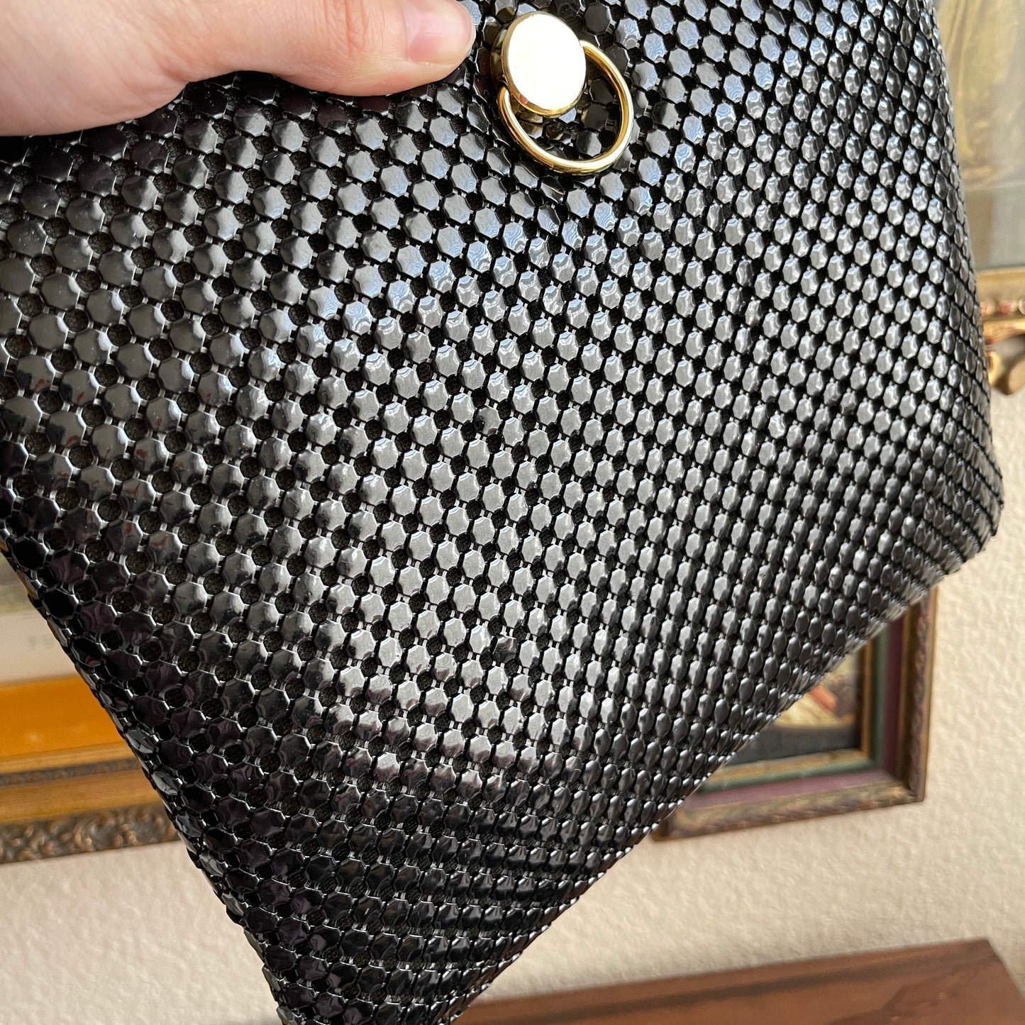 Vintage Purse Clutch Black Metal Mesh Double Chain Strap Hinged Opening