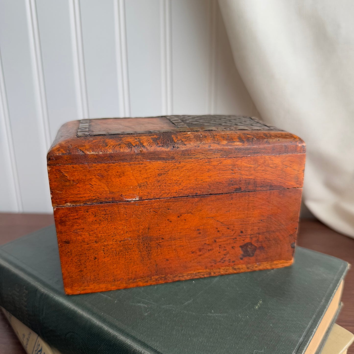 Vintage wooden box with metal inlay