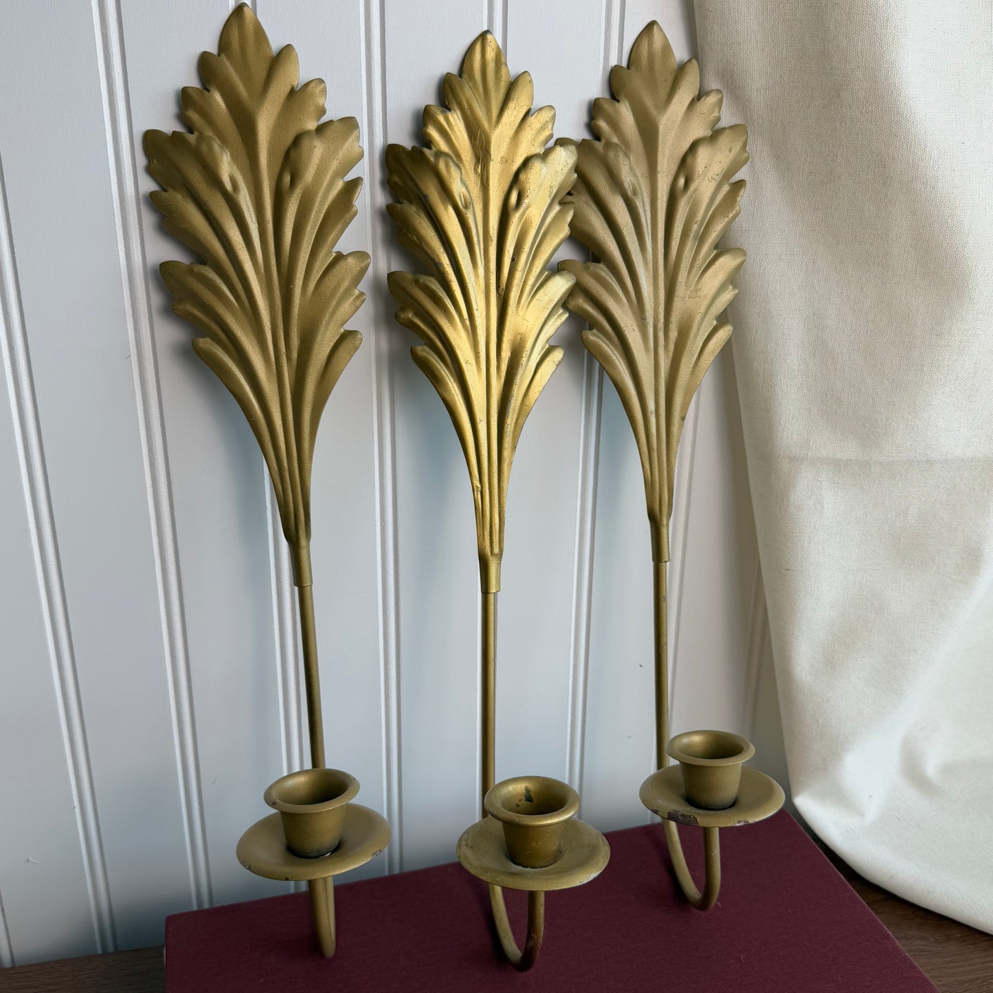 Vintage Brass Metal Candle Stick Sconce Leaf Design set