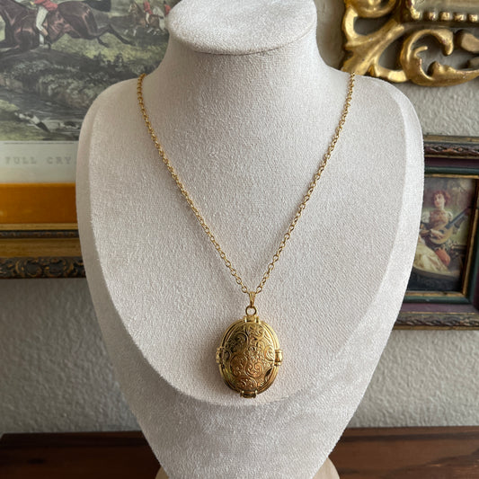 Vintage Double locket gold tone Retro Oval Double Locket with Stamped Floral Design Pendant Necklace