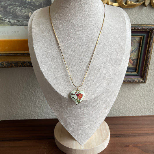Vintage heart Cloisonné Floral Pendant and Chain Necklace
