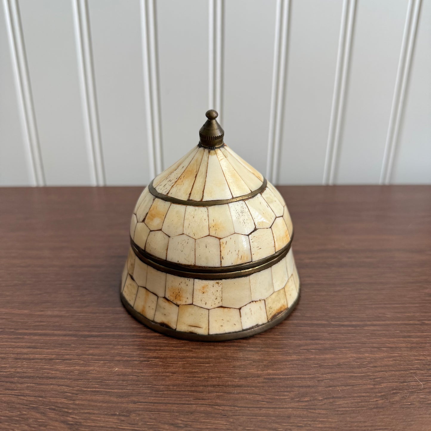 Vintage Moroccan brass box with bone inlay