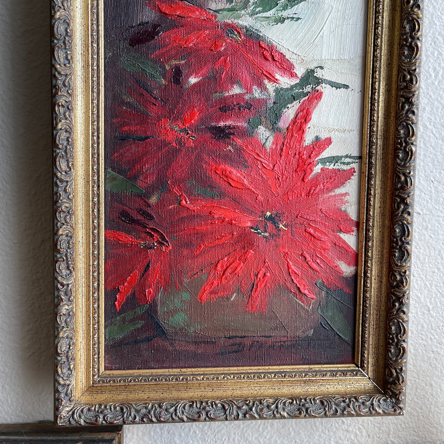 Vintage Red Poinsettia Flower Painting Framed