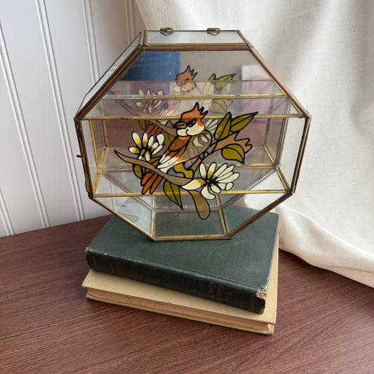 Vintage Glass & Brass Bird Floral Flower Jewelry Box