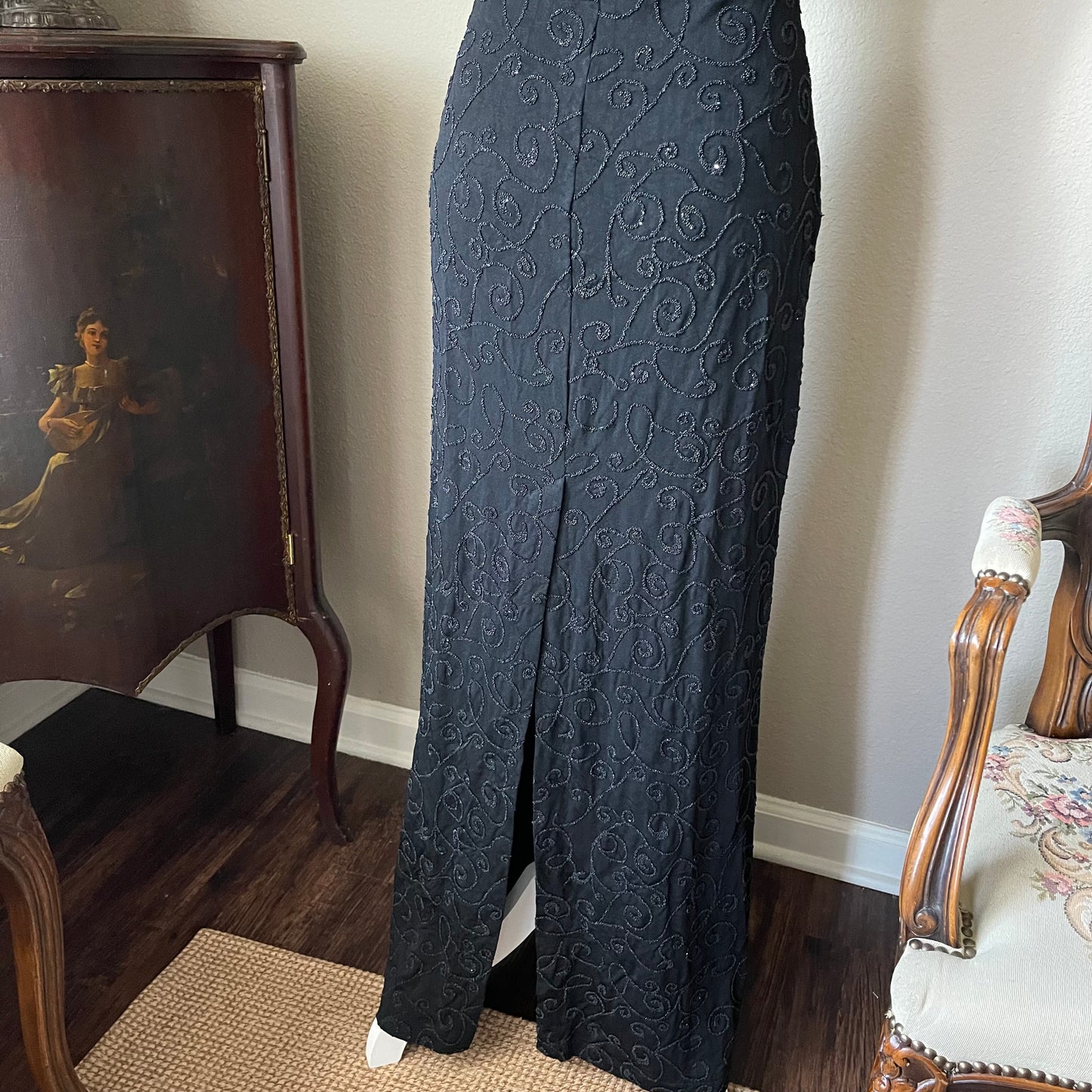 Vintage 80s/90s Black Beaded Halter Long Formal Dress By Alexia Admor