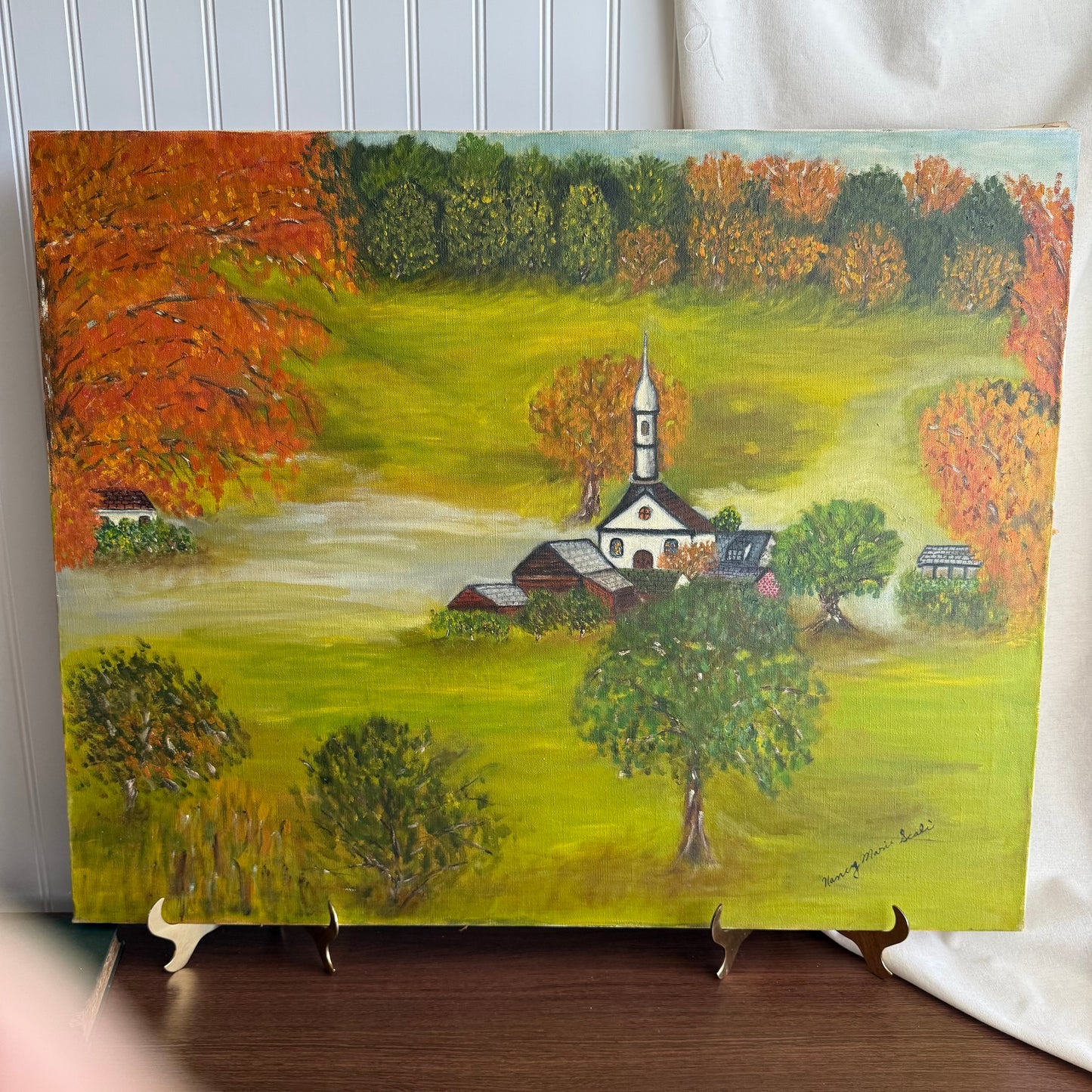 Landscape With Church Scenery Oil Painting Signed