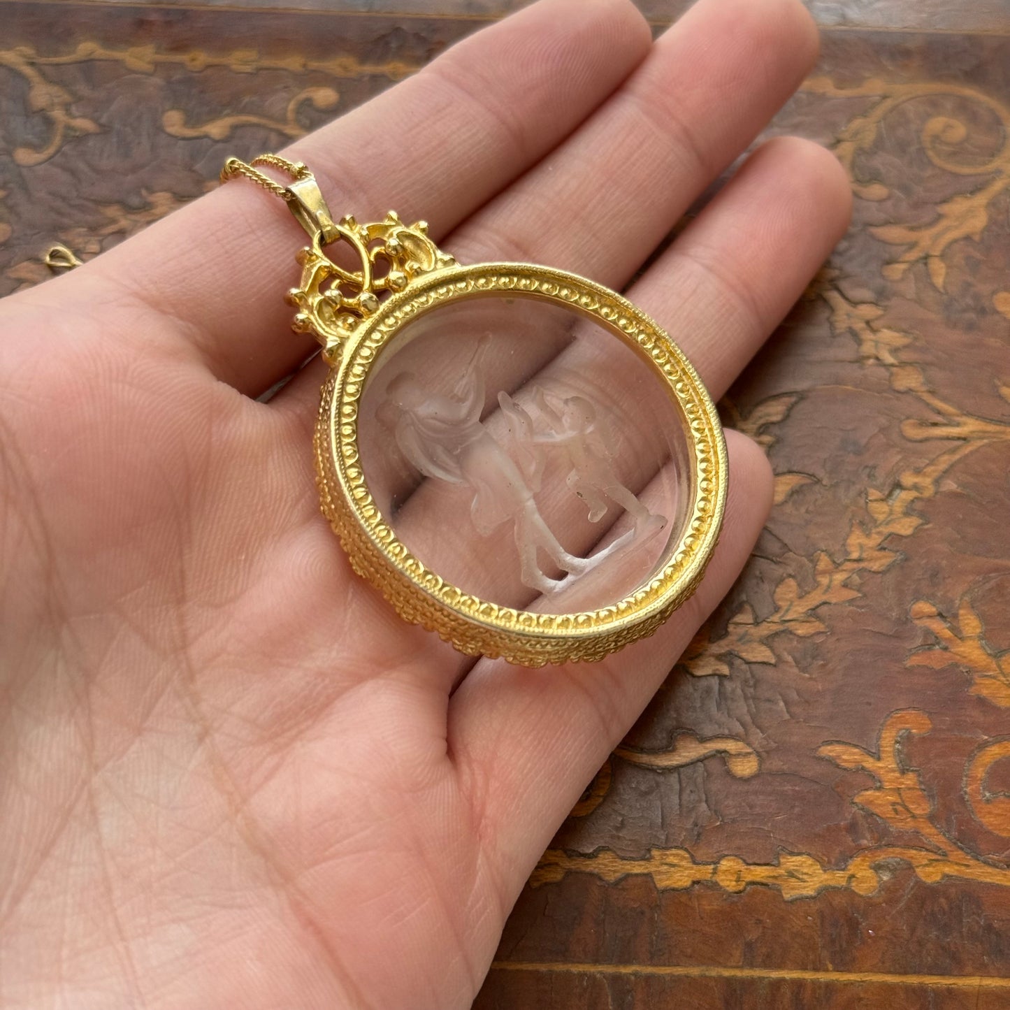 Vintage Glass Intaglio Cherub Necklace Gold Tone