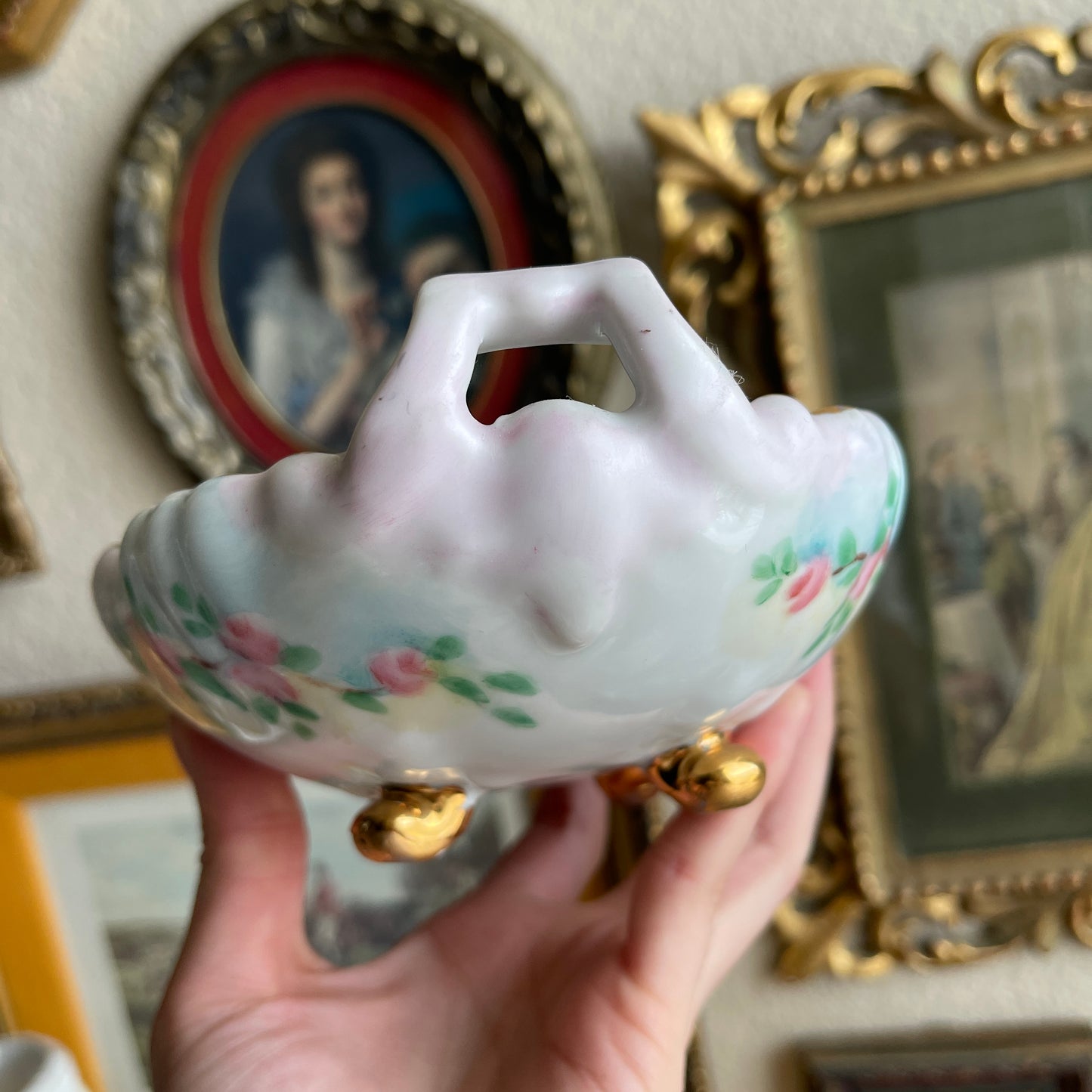 Vintage floral hand painted footed bowl