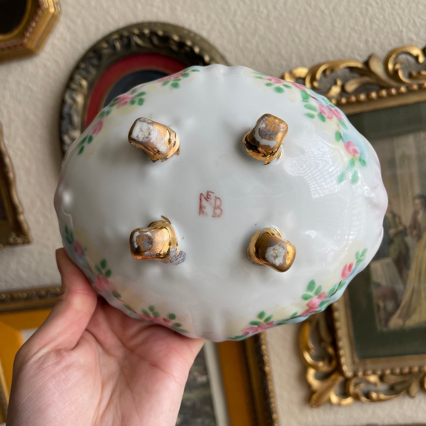 Vintage floral hand painted footed bowl