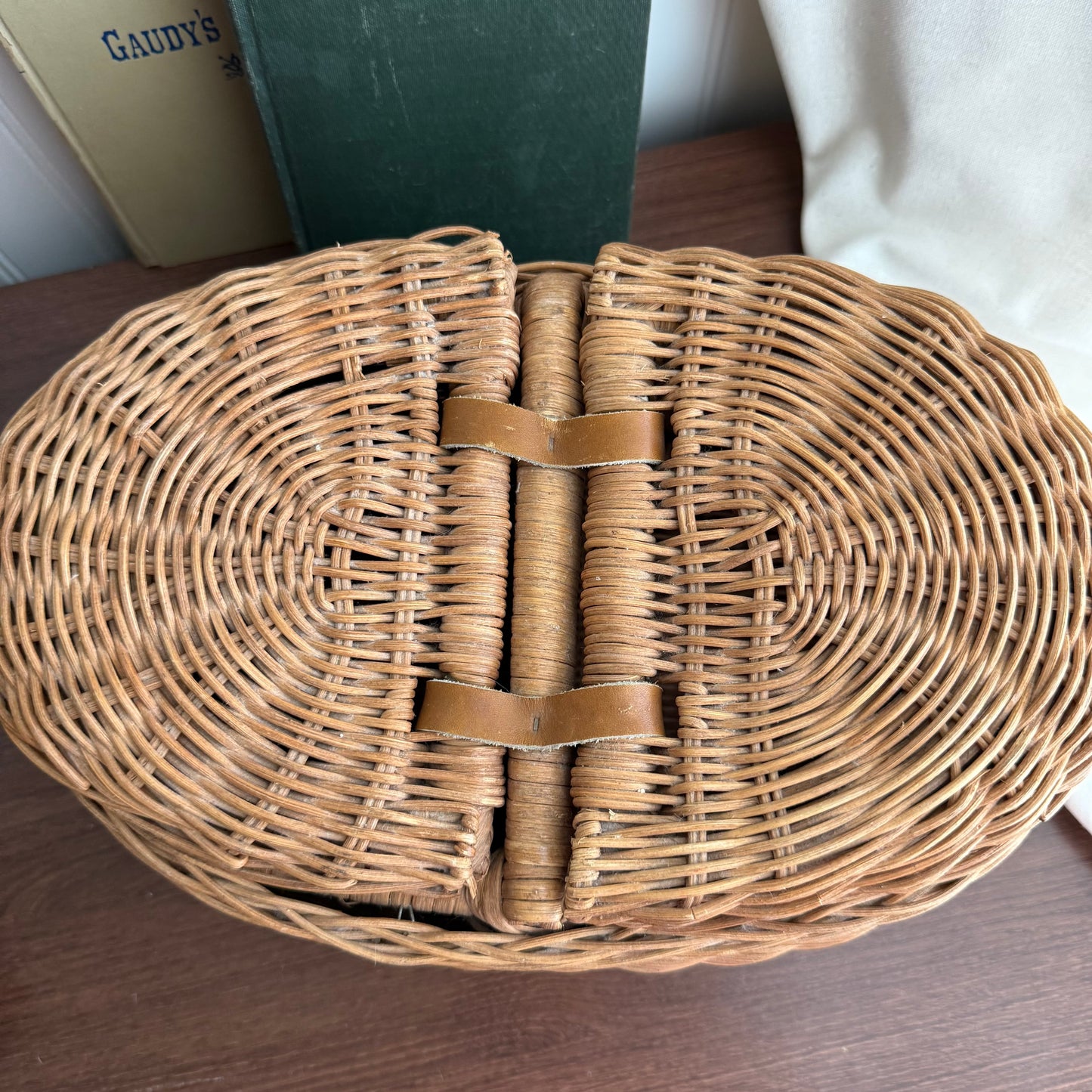 Wicker basket with Leather hinges two seperate sides