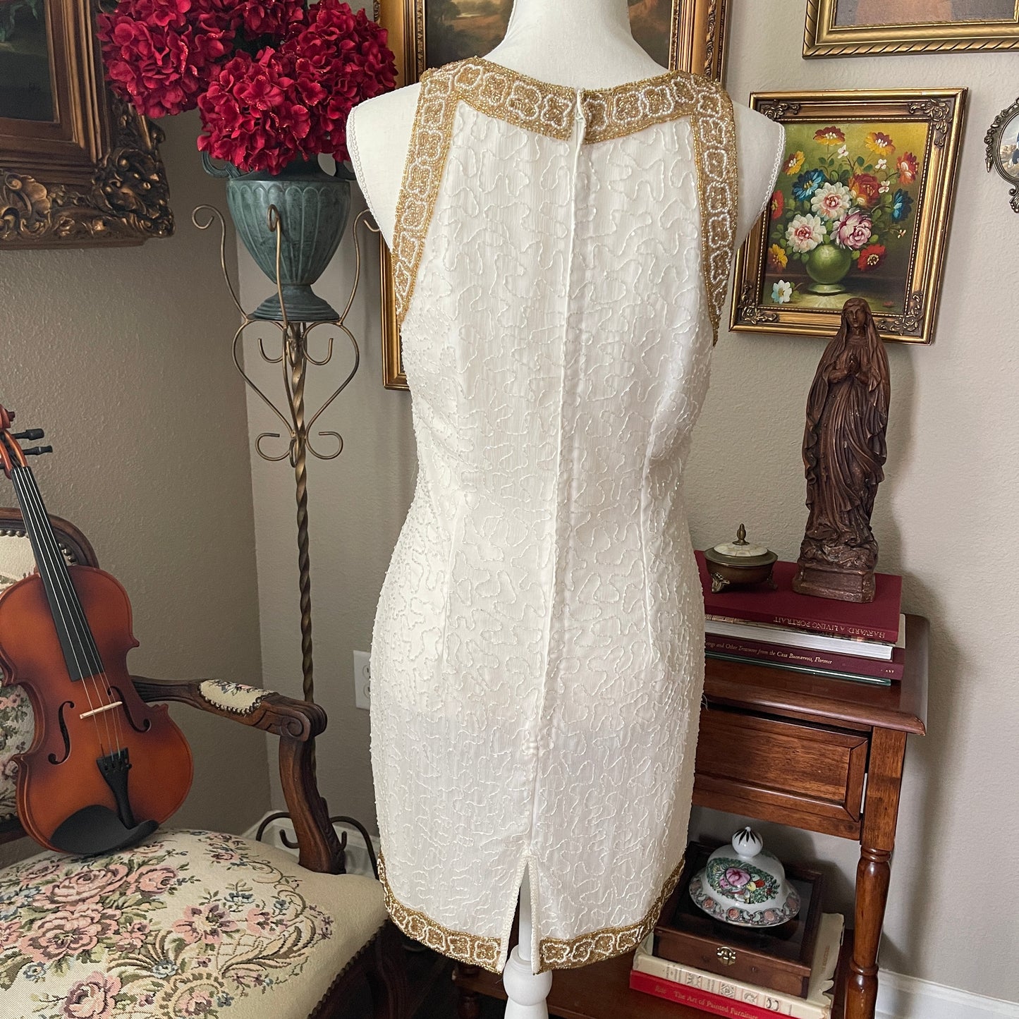 Laurence Kazar Vintage 80s White & Gold Beaded Dress