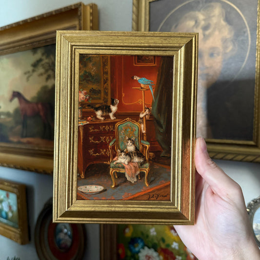 Vintage Style Cottage Cats on Fancy Chair Art Print Framed