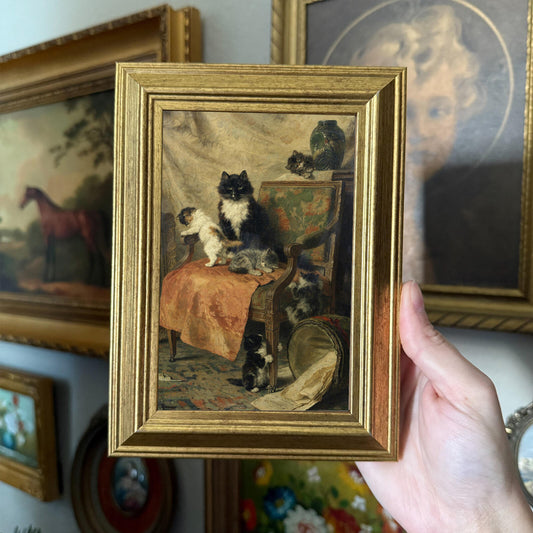 Vintage Mom & Kitties on Chair Art Print Framed