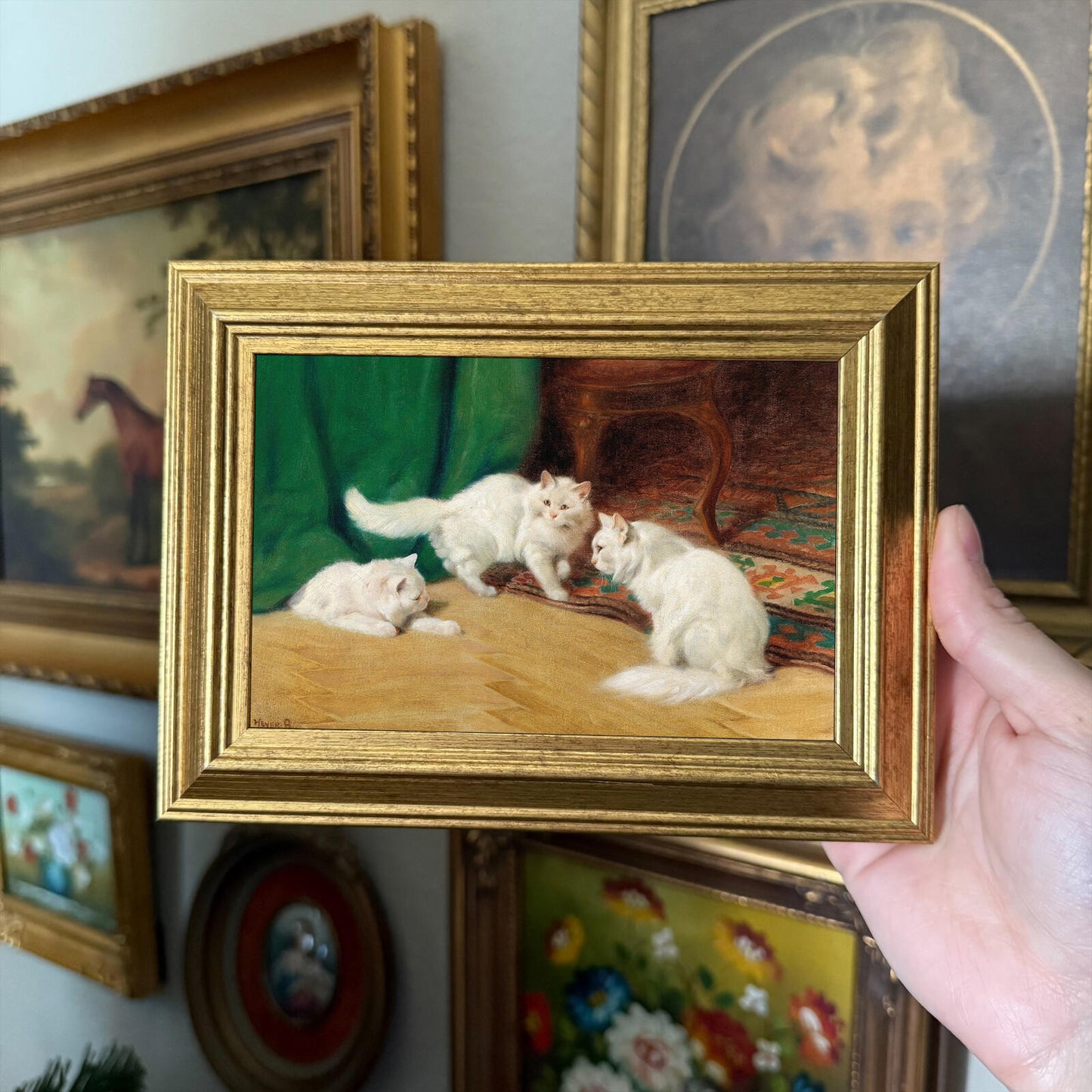 Vintage Style White Cats Playing Art Print Framed