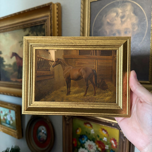 Vintage Inspired Brown Horse in Stable Art Print Framed