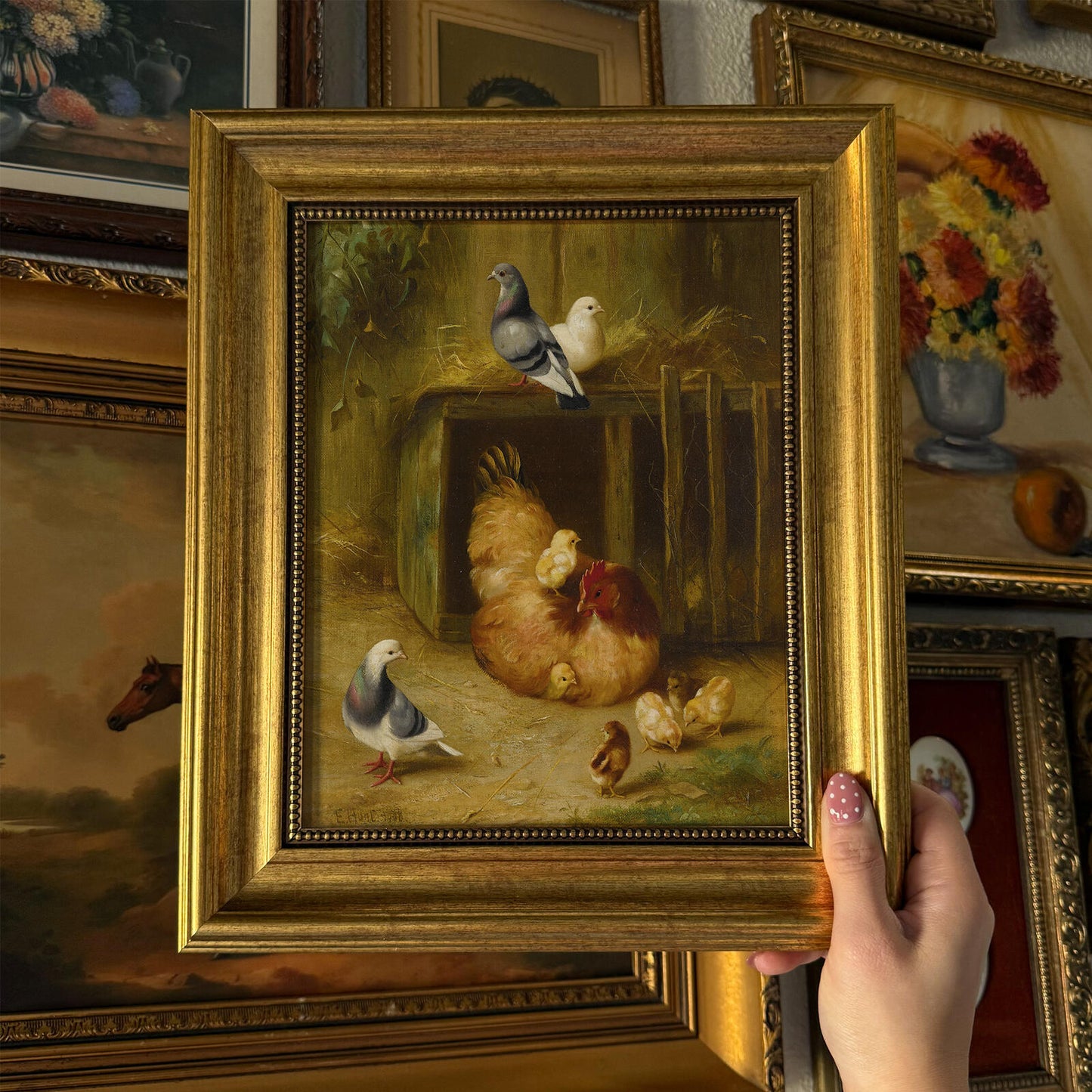 Vintage Style Chicks & Mother Hen Art Print Framed Size 8x10