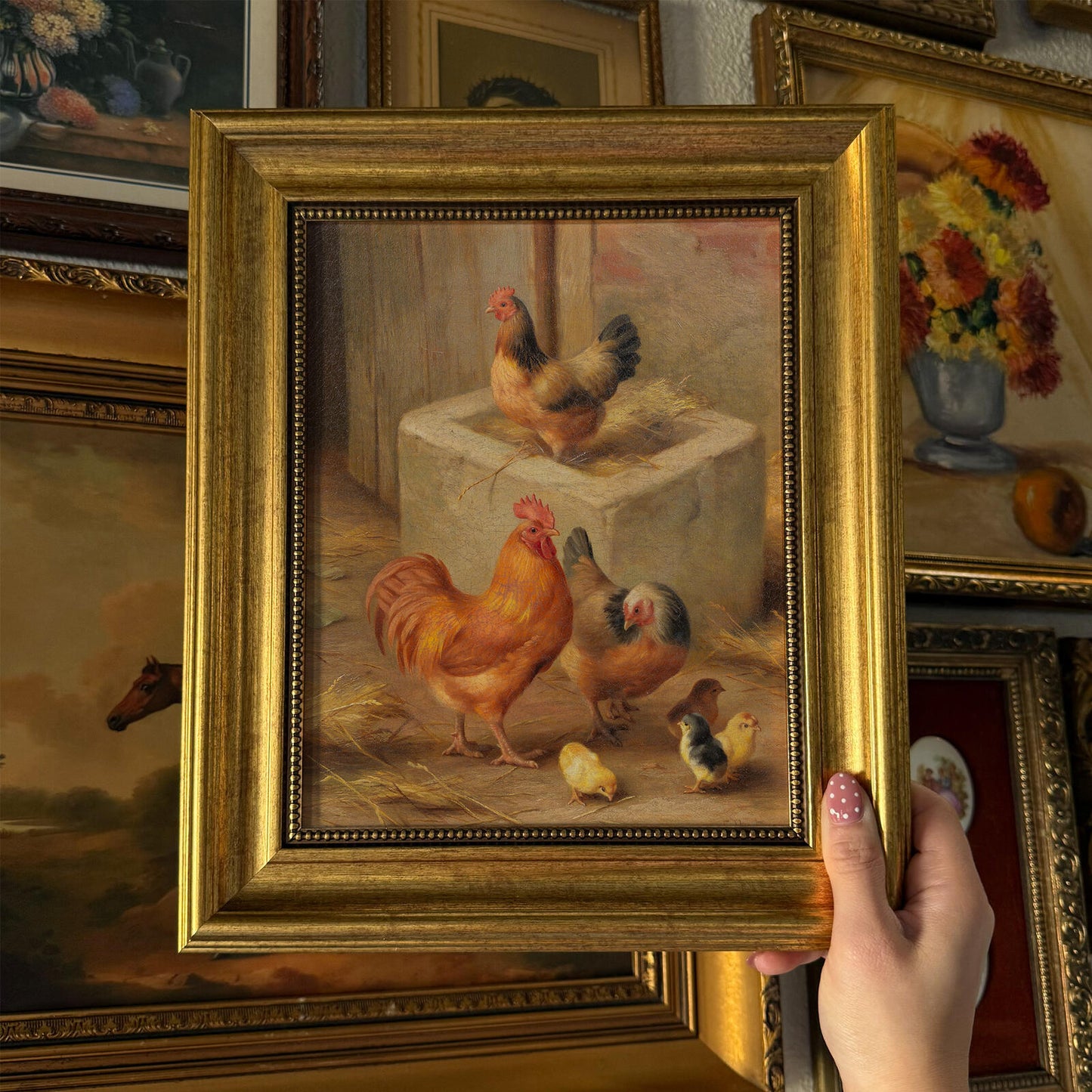 Vintage Style Farm Family Rooster, Hen & Chicks Art Print Framed Size 8x10