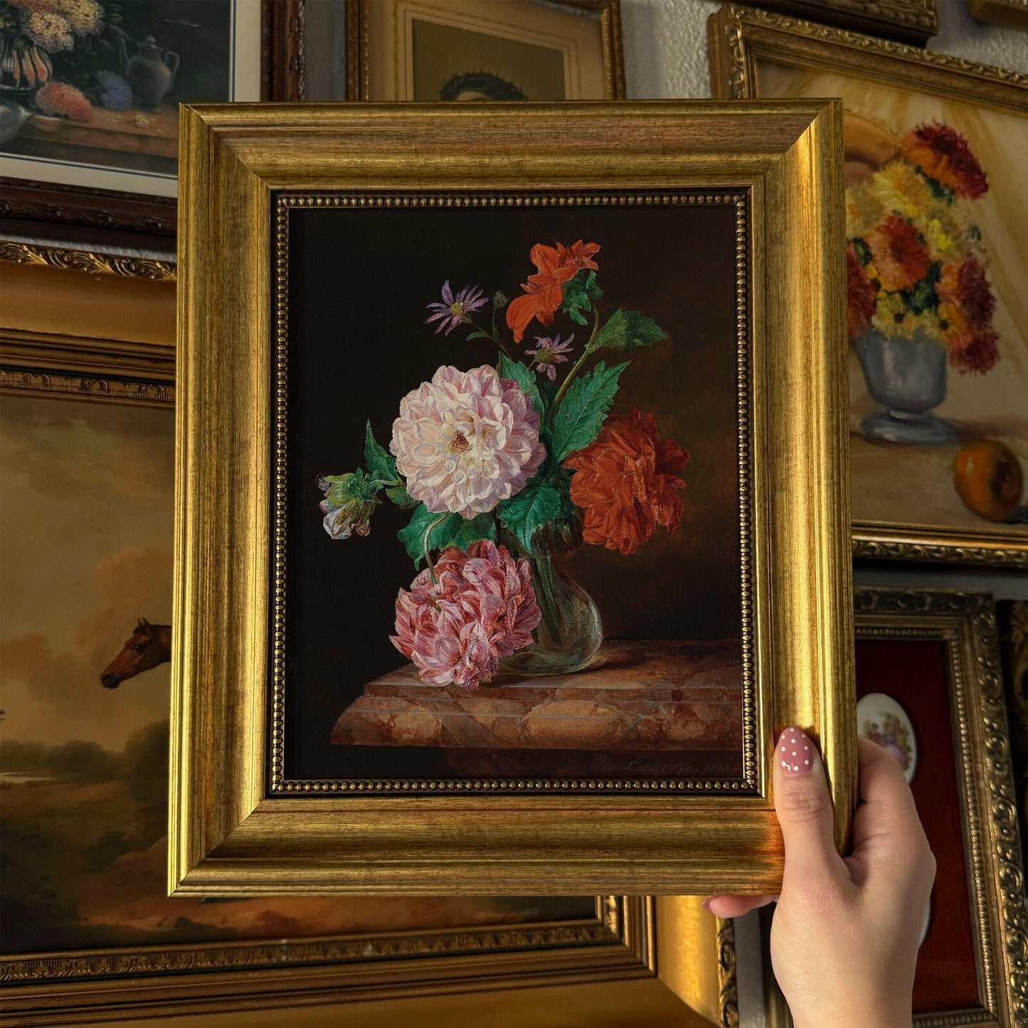 Vintage Style Flowers in Glass Vase Art Print Framed Size 8x10