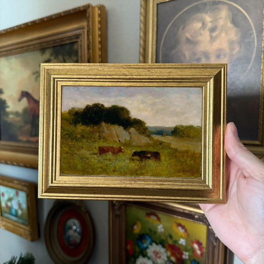 Vintage Style Cow on Pasture landscape Art Print Framed