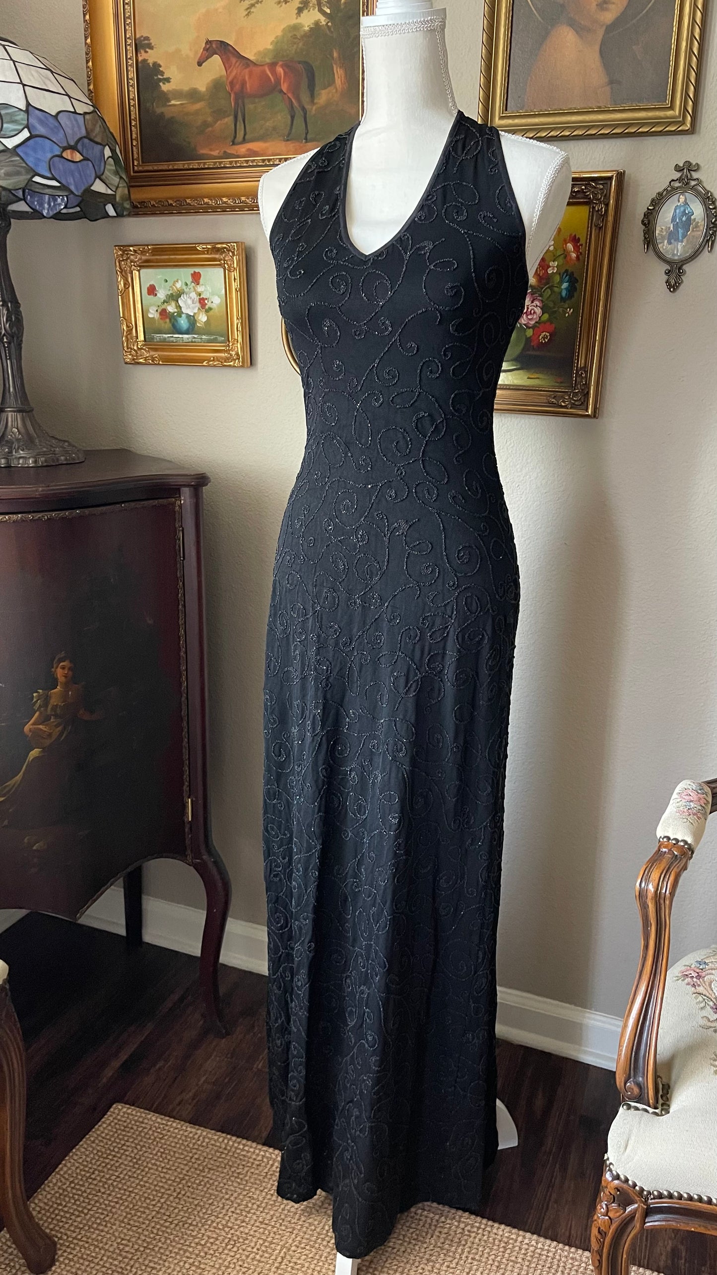 Vintage 80s/90s Black Beaded Halter Long Formal Dress By Alexia Admor