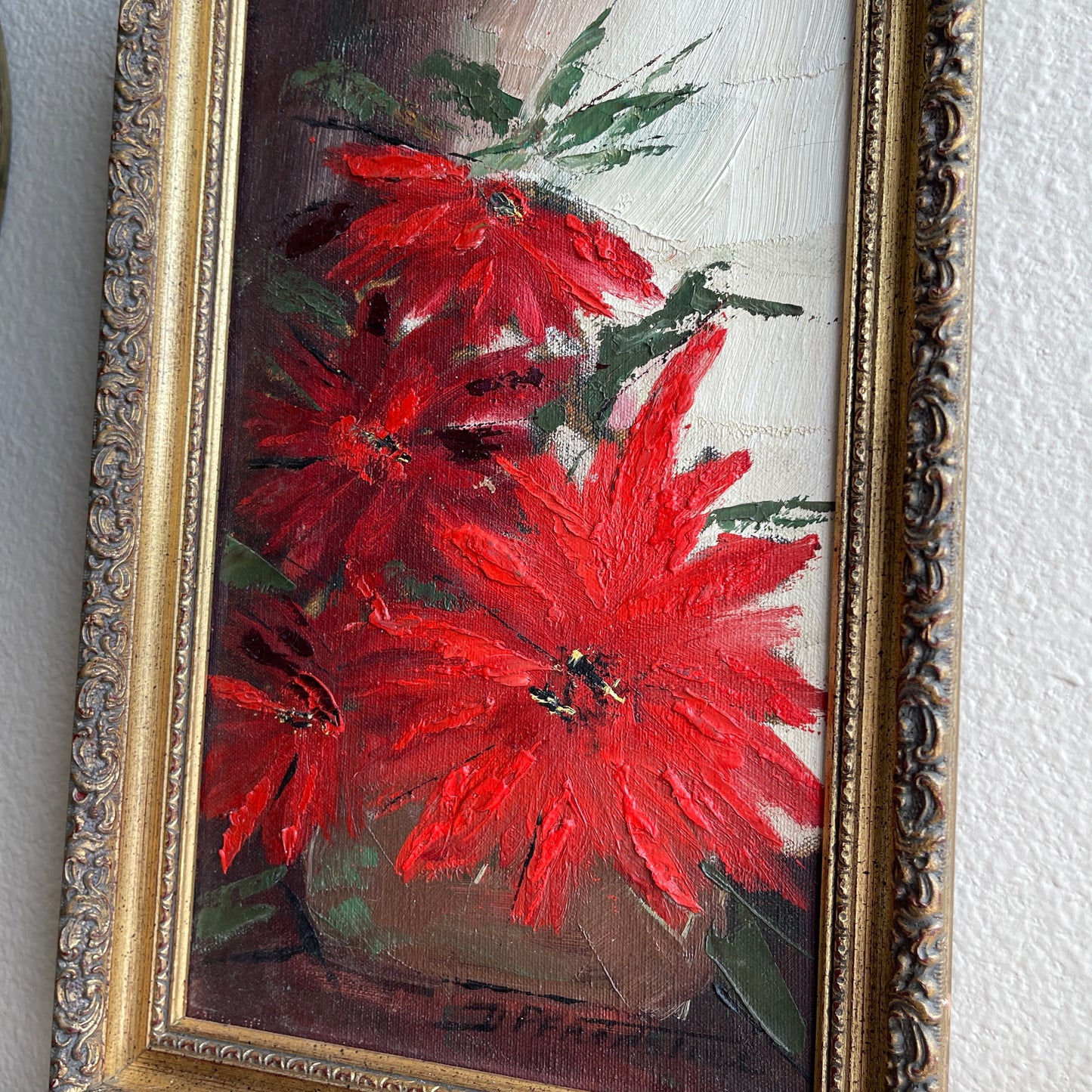 Vintage Red Poinsettia Flower Painting Framed