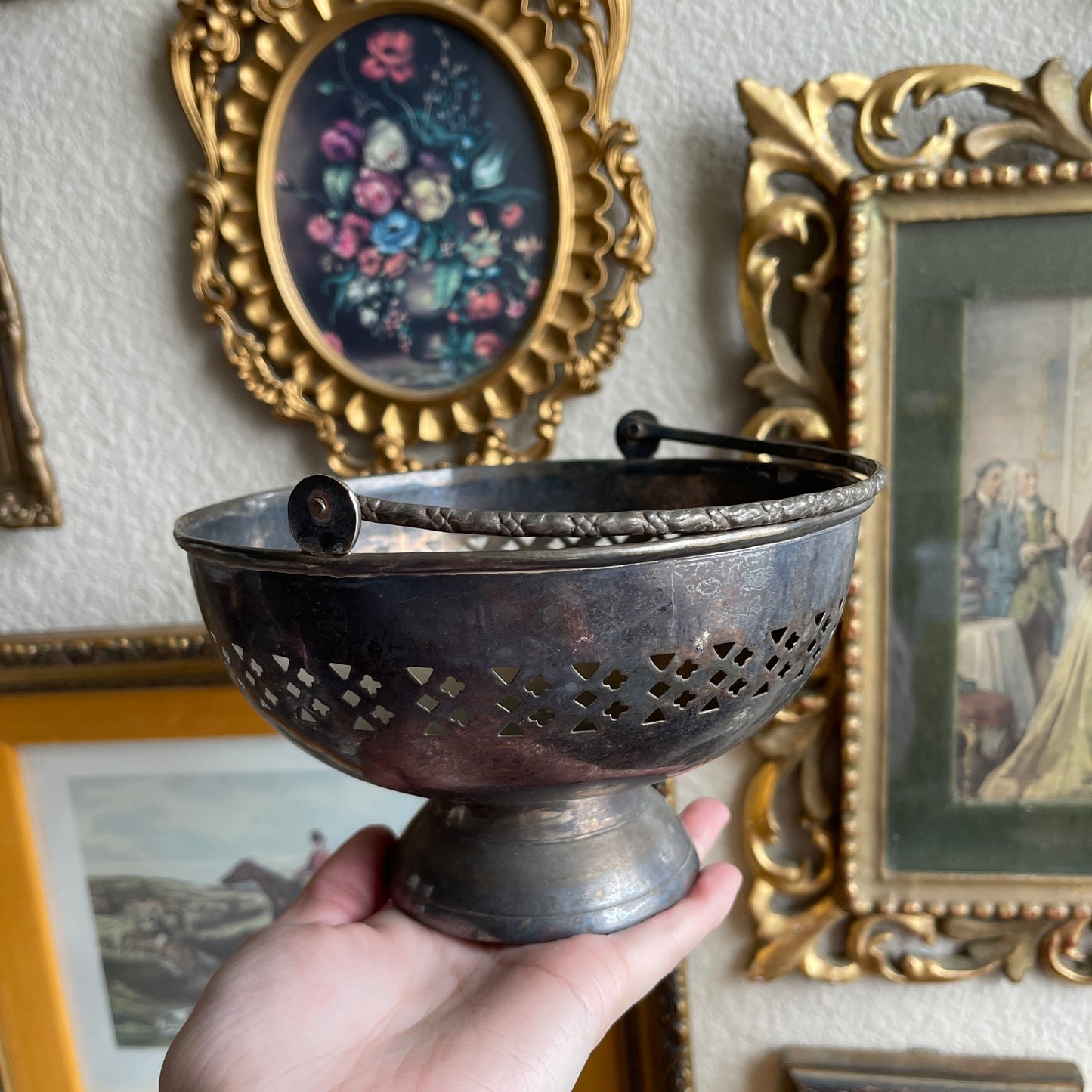 Vintage Pierced Silver Plate Basket Candy Bowl with Braid Handle