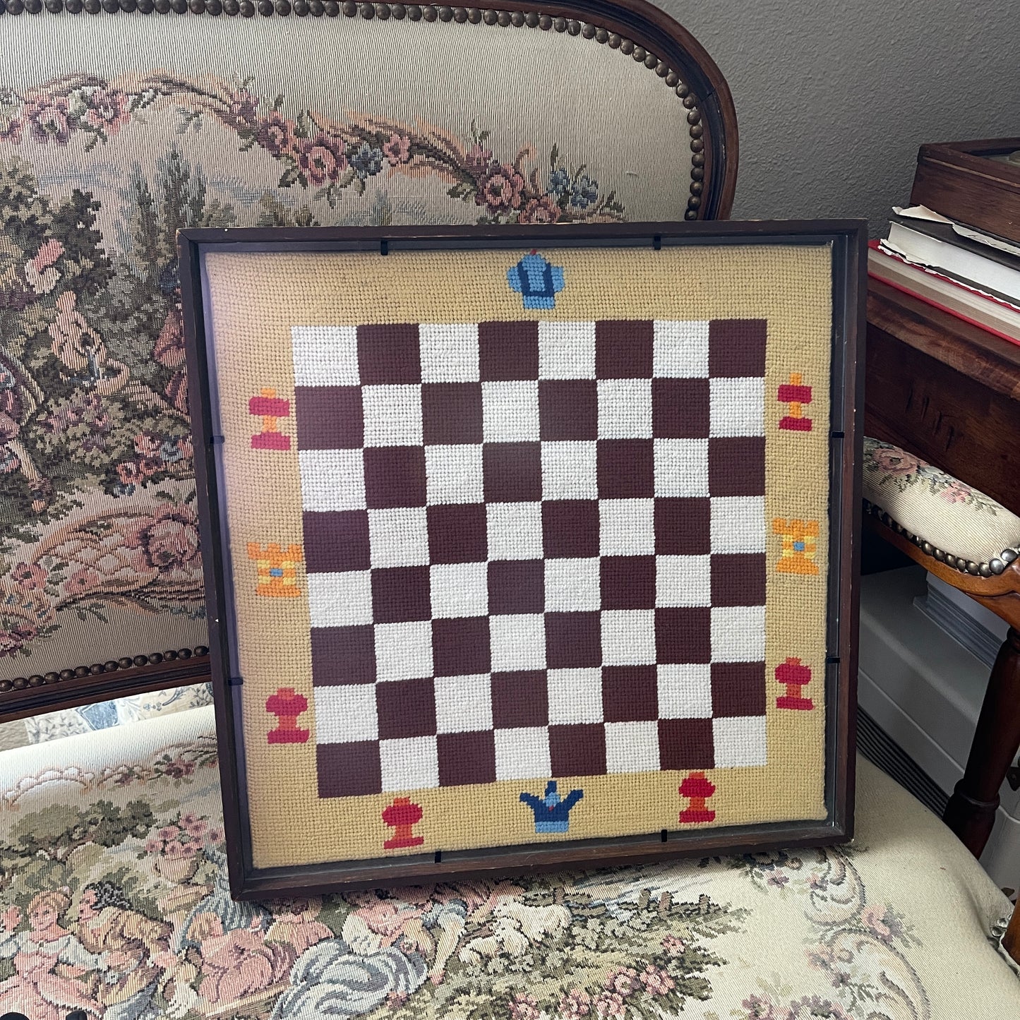 Vintage handmade checkers chess board needlepoint piece art work framed