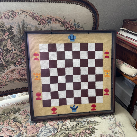 Vintage handmade checkers chess board needlepoint piece art work framed