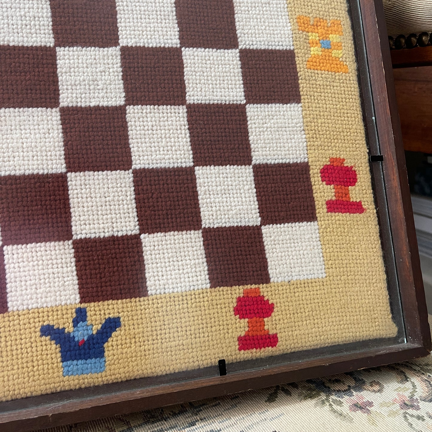 Vintage handmade checkers chess board needlepoint piece art work framed