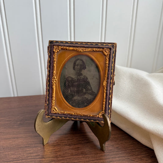 Vintage victorian leather embossed ambrotype Woman photograph