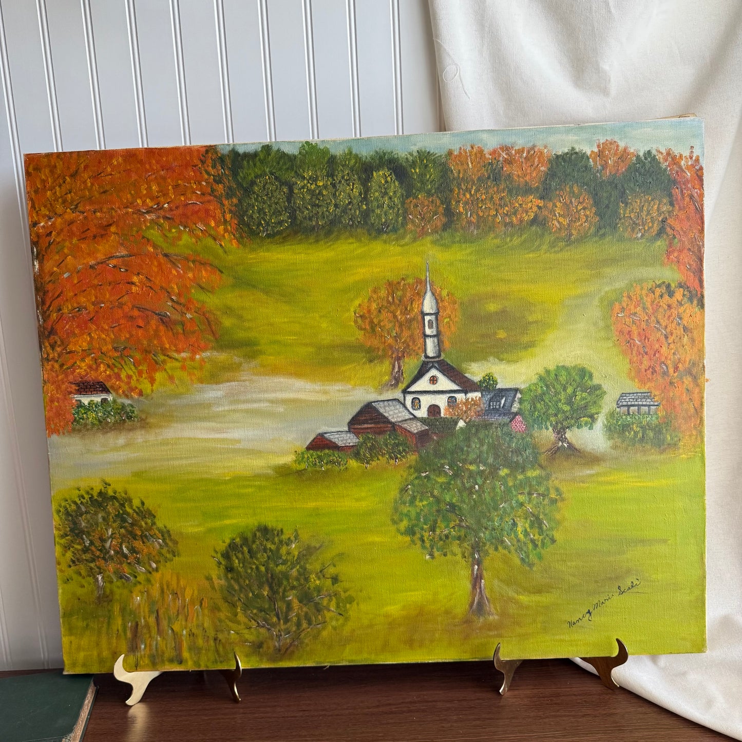 Landscape With Church Scenery Oil Painting Signed