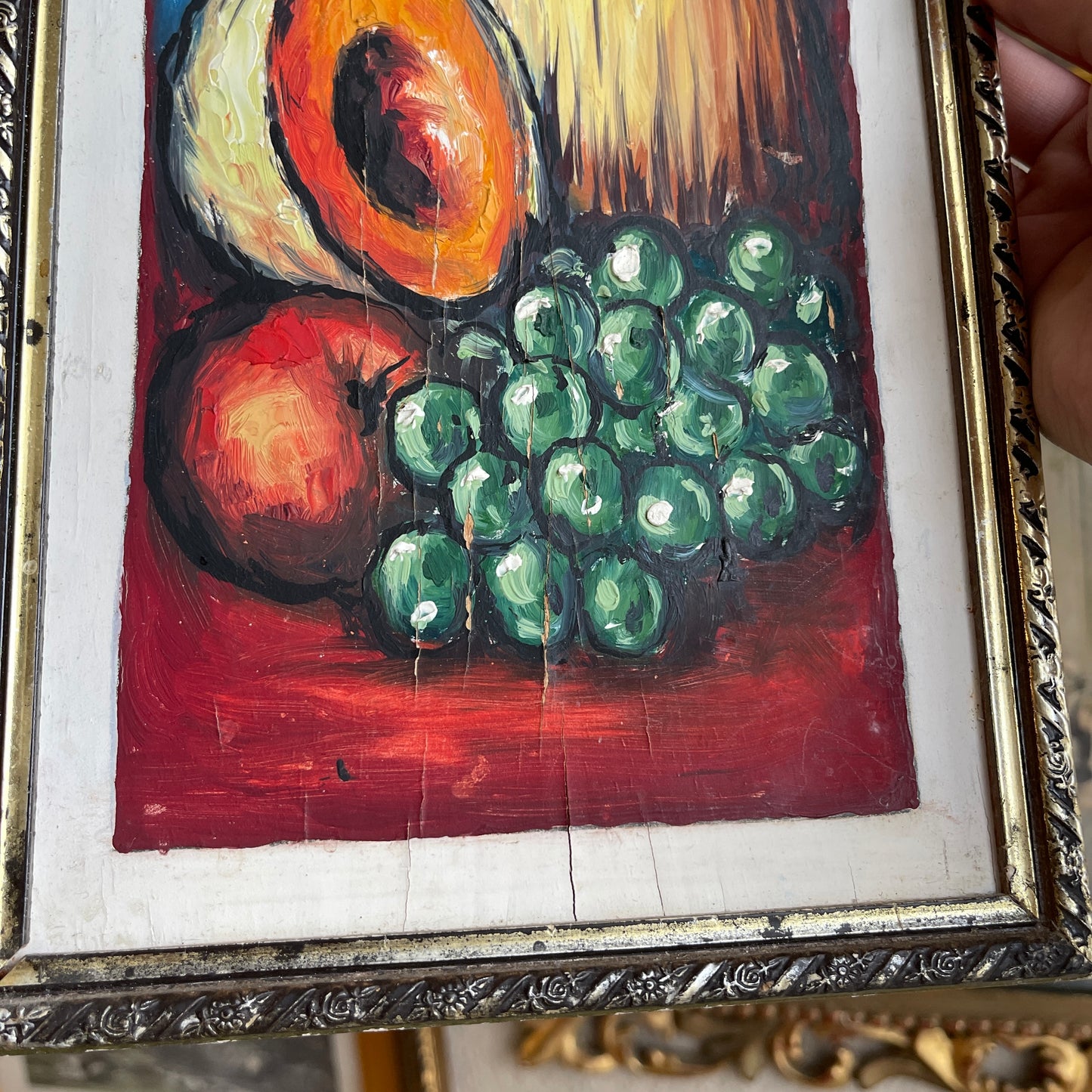 Vintage still life fruit painting on wood