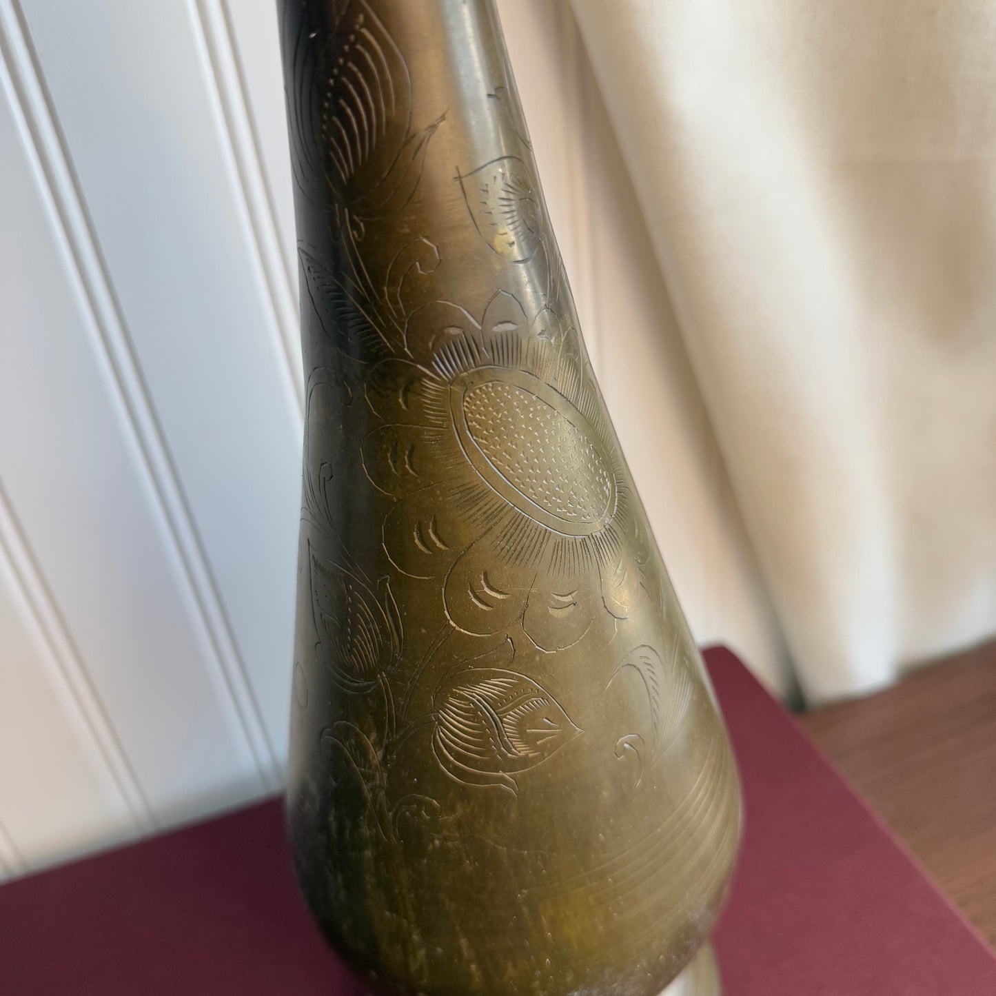 Vintage brass Tall etched Vase