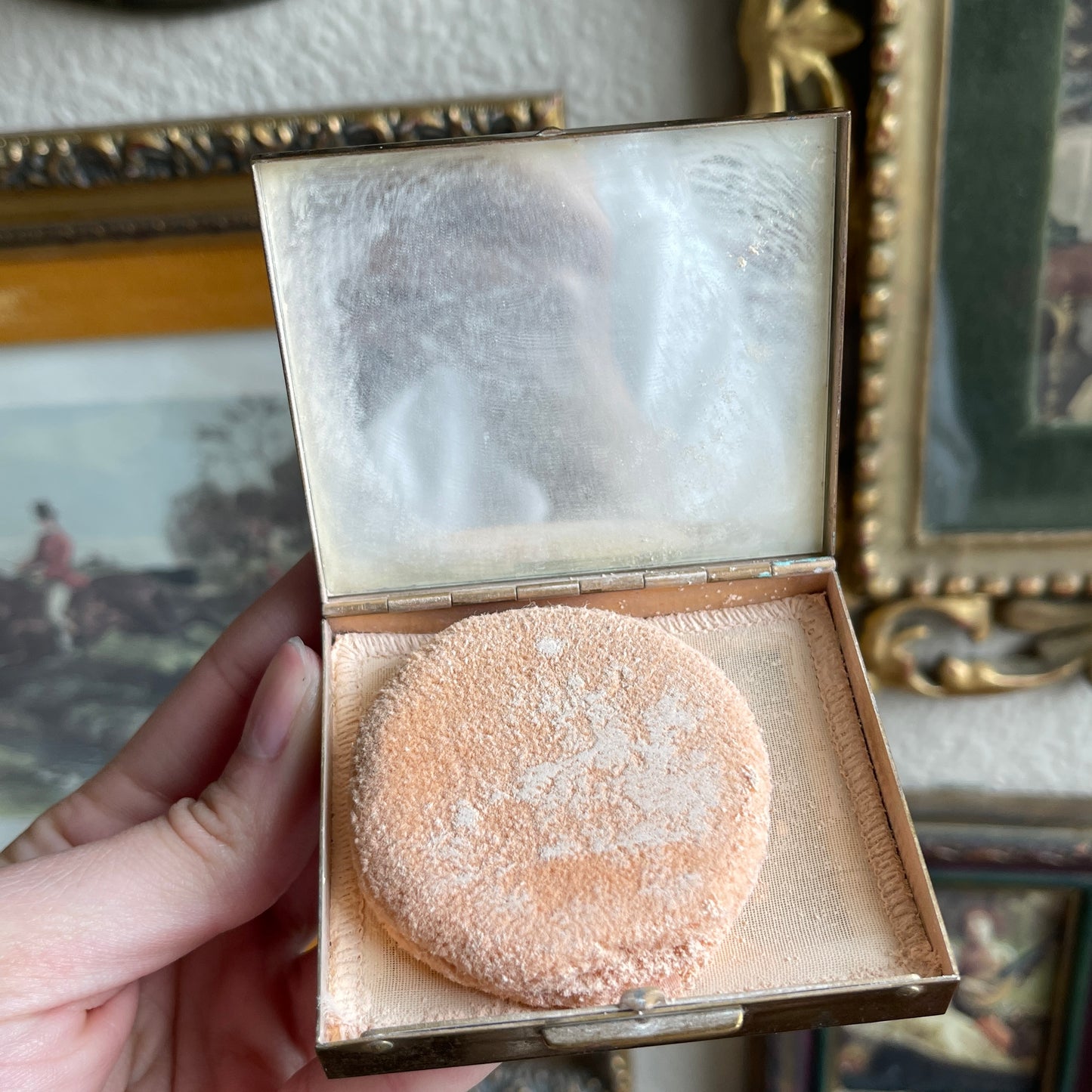 Vintage 1948 compact mirror with original puff