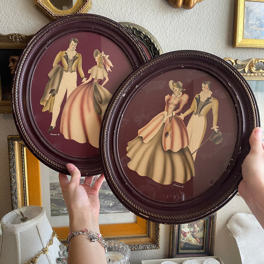 Vintage courting couple framed wood Oval