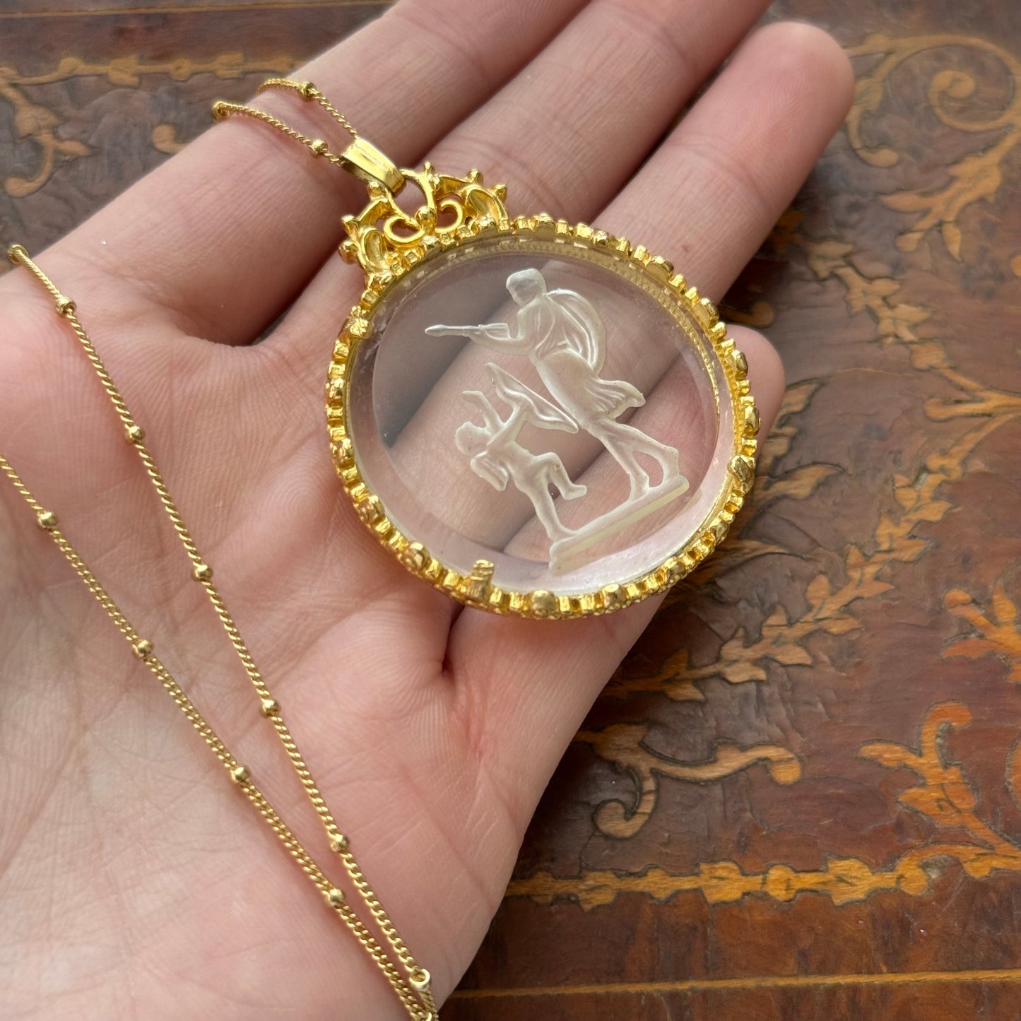 Vintage Glass Intaglio Cherub Necklace Gold Tone