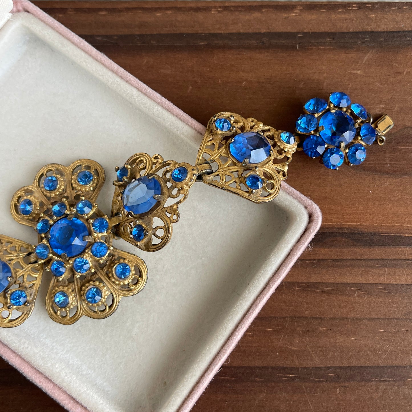 Vintage Blue Glass Rhinestone And Filigree Bracelet