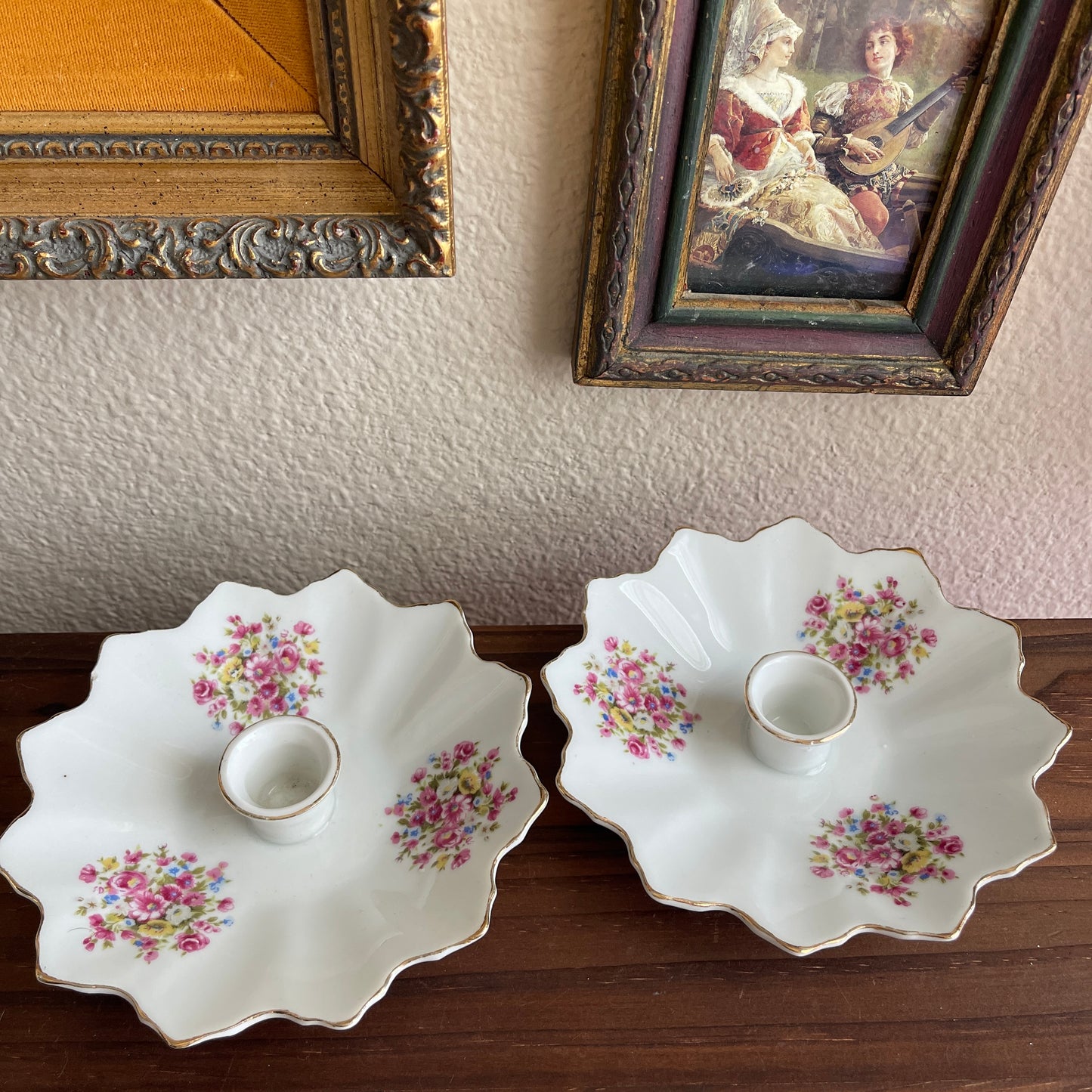 Vintage ceramic white with floral set of 2 candleholder