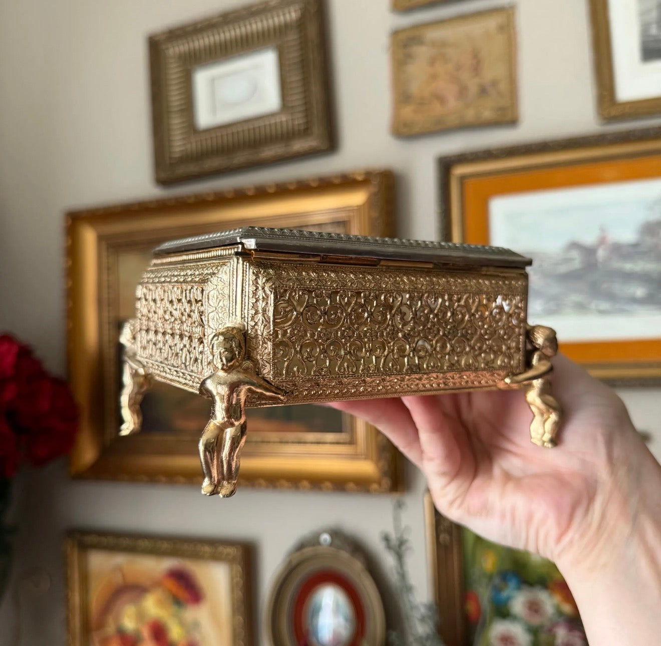 Vintage Cherub Jewelry Box Gold Plated Footed Ormolu