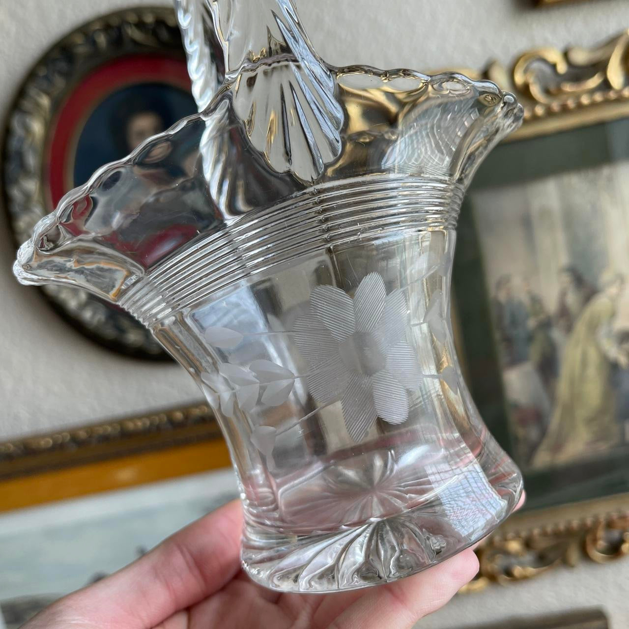 Vintage glass etched floral basket