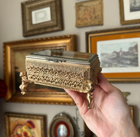 Vintage Cherub Jewelry Box Gold Plated Footed Ormolu