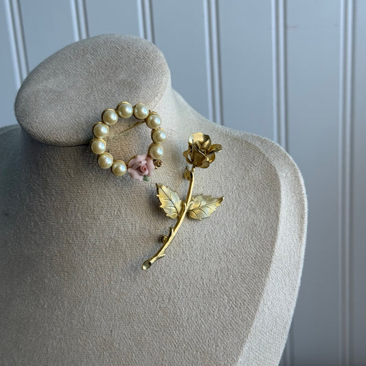 Vintage 1928 Pearl brooch & Rose Brooch Set