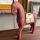 Red and Brown Wooden Horse, Hand Carved Sculpture Horse Brass And Bone detail
