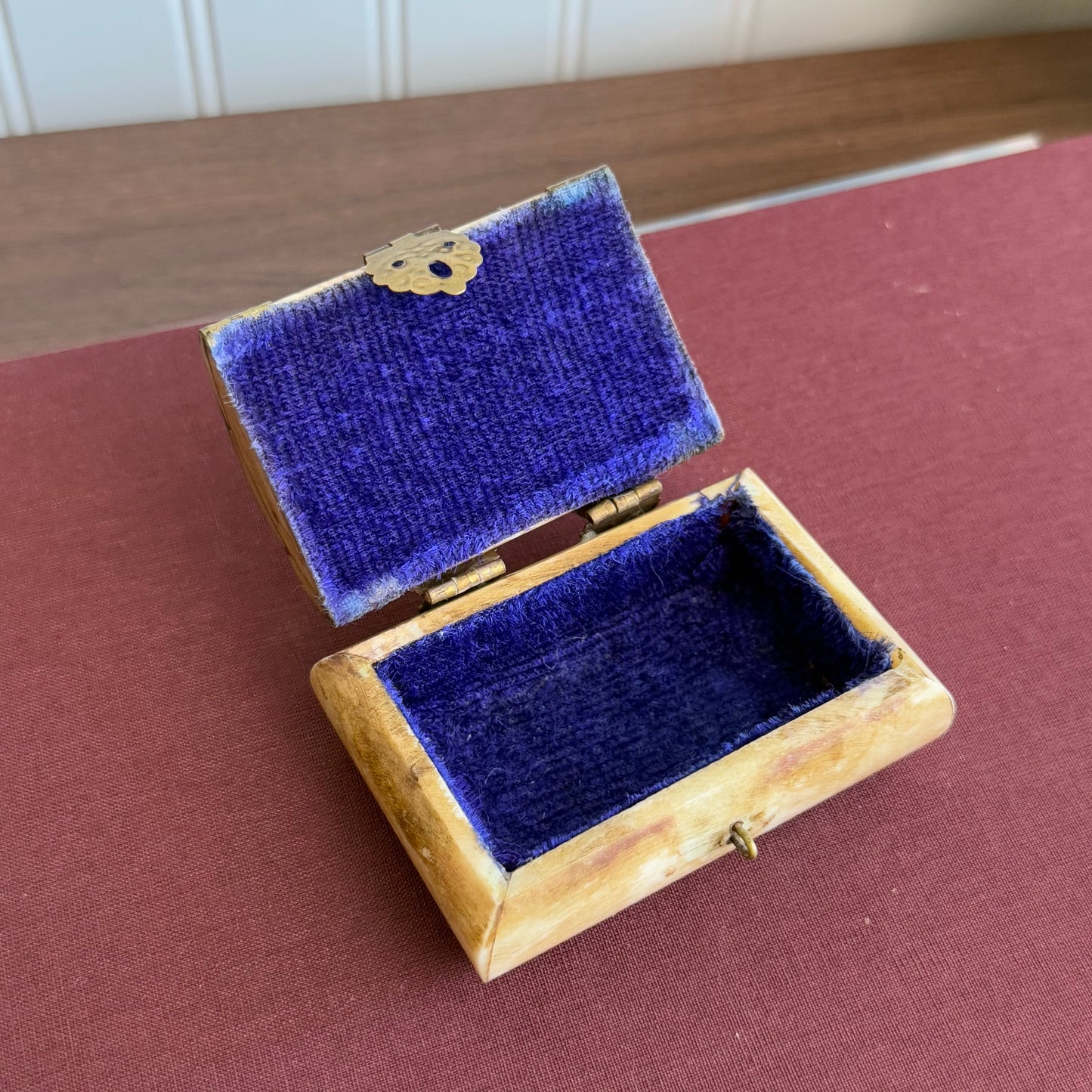 Vintage Bone Brass Trinket Box with Velvet Lined inside