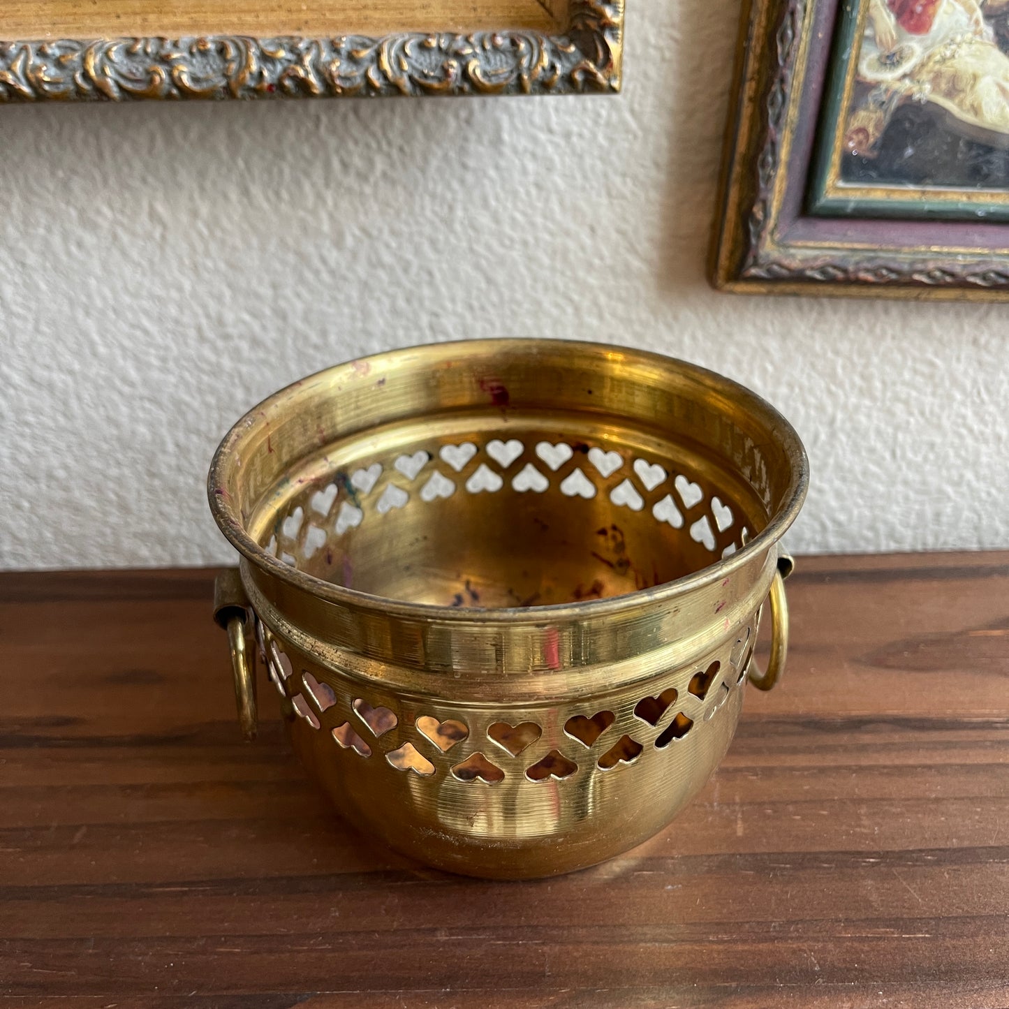 Vintage Brass Bowl with Pierced Hearts and circle Handles Made in India