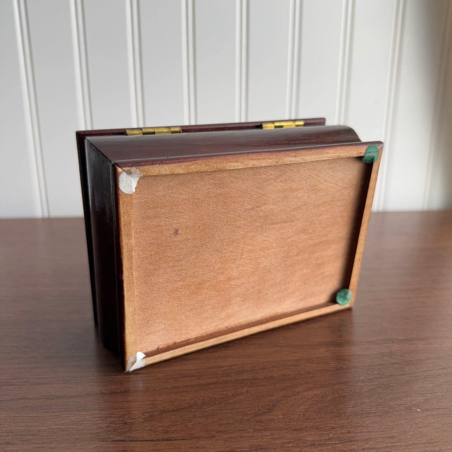 Vintage Mini Cherry Wood Jewelry Box with Stained Glass Top